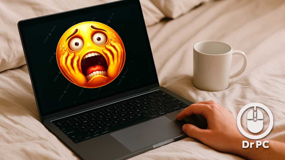 Persona usando notebook sobre la cama junto a una taza, ejemplo de mal uso que causa sobrecalentamiento.