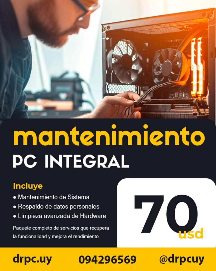 Flyer promocional del servicio de mantenimiento integral de computadoras, que incluye limpieza profunda y optimización del sistema.