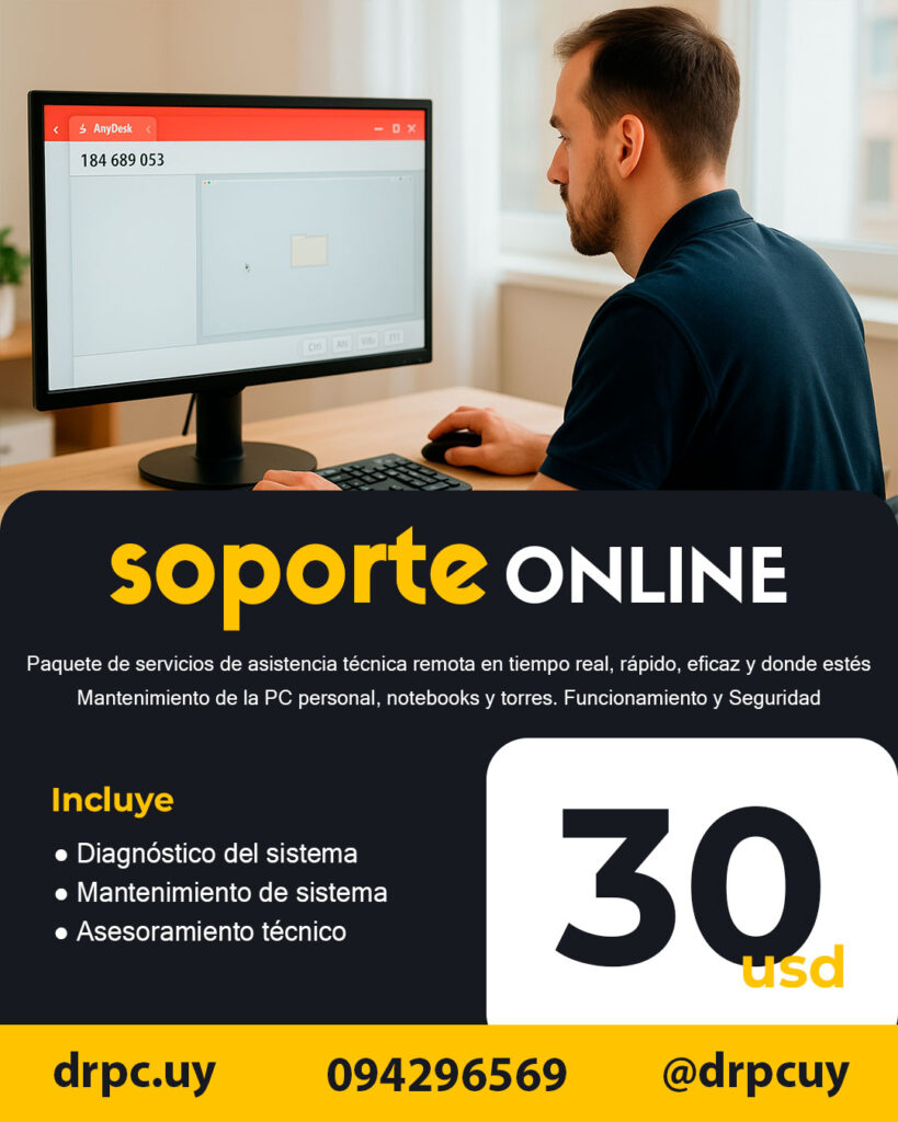 Flyer informativo del servicio de soporte online de computadoras de drpc.uy, con asistencia técnica remota.